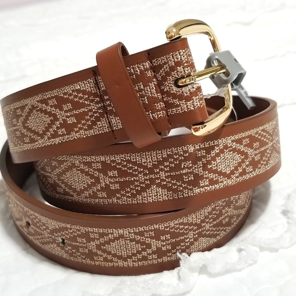LOFT Aztec Stitched Brown Belt Gold Buckle L NWT main image 8